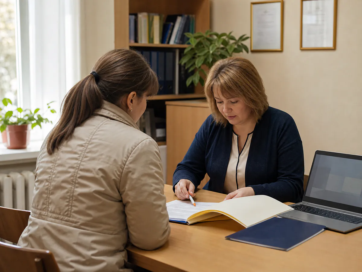 Мати оформлює документи про переведення дитини разом із працівницею школи